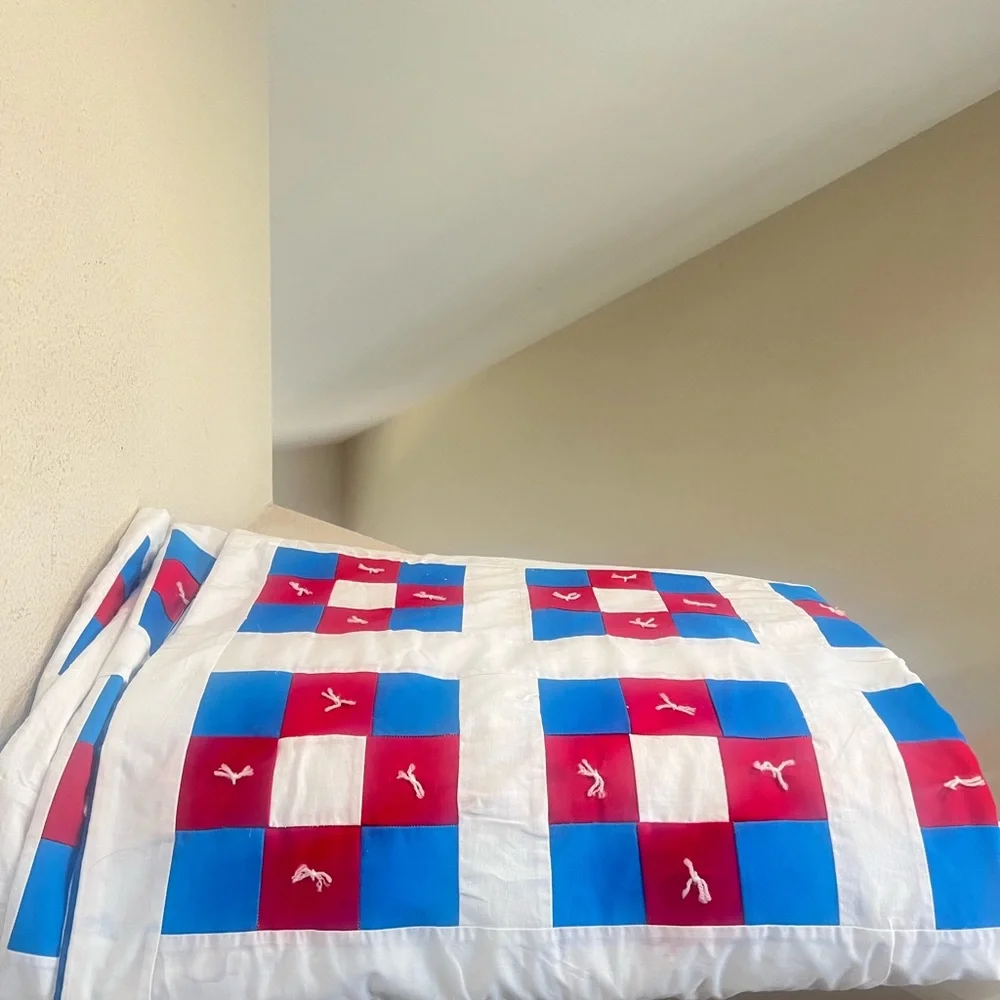 VNTG Handmade Cotton Red White Blue Colorful King Size Quilt‎ Top 91 x 75